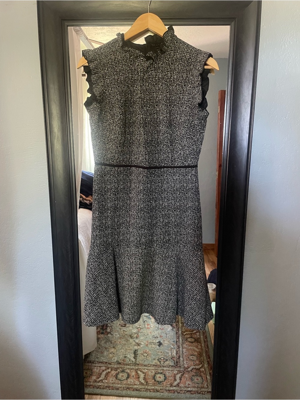 Enfocus Studio Black and White Tweed Ruffle-Trim Fit-and-Flare Mini Dress